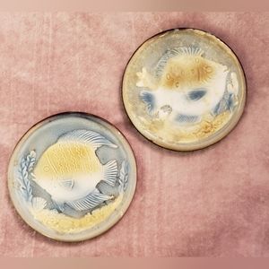Handmade 2PC Ceramic Coastal Fish Sand & Surf Round Coasters